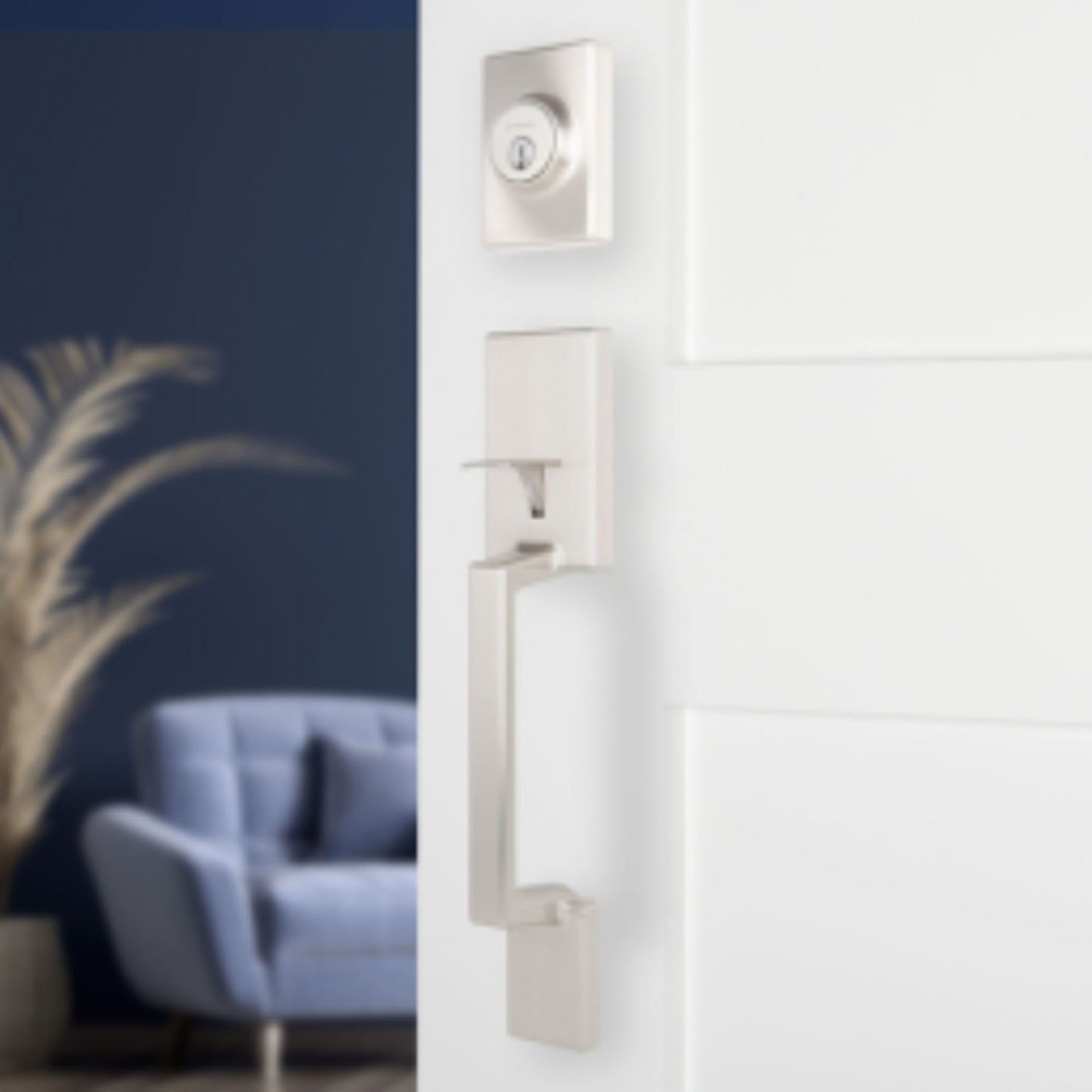 Brinks Contemporary Keyed Entry Door Handleset with Flat Lever and Deadbolt, Satin Nickel