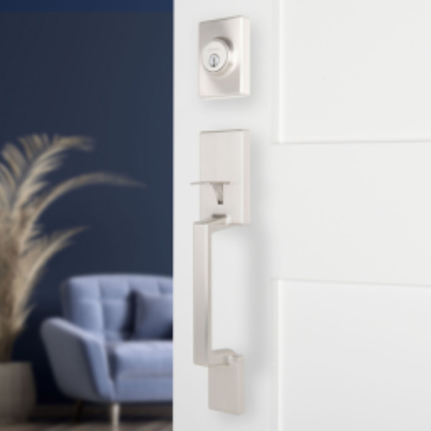 Brinks Contemporary Keyed Entry Door Handleset with Straight Lever and Deadbolt, Satin Nickel