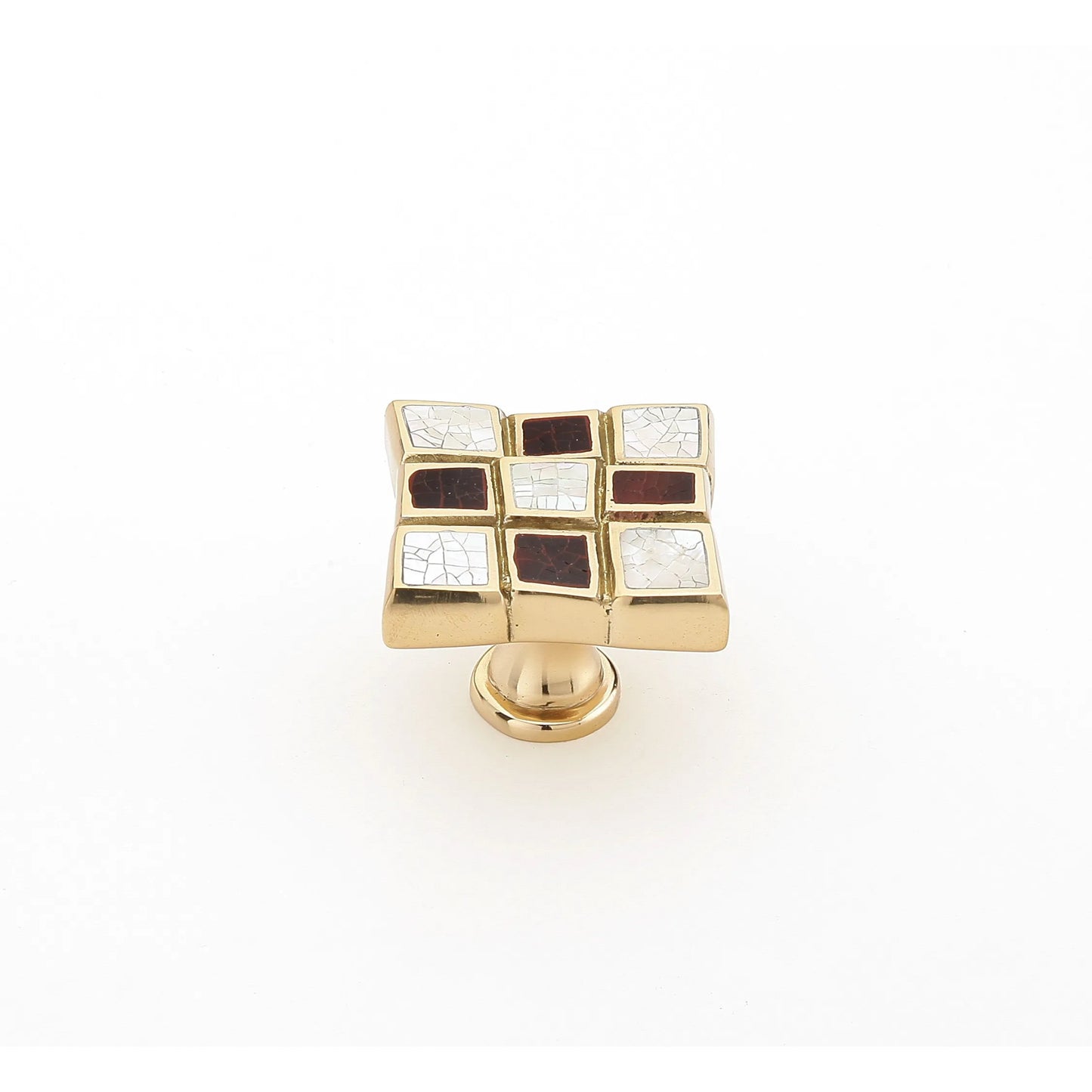 Knob, Red & White Mother of Pearl, Polished Brass, 1-3_8"