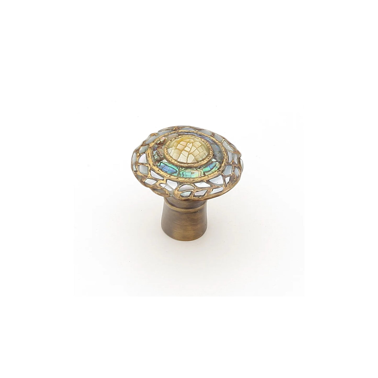 Knob, Round, Imperial Shell, White_Yellow Pearl, Aged Dover, 1-1_8" dia