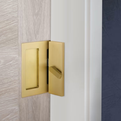 Modern Rectangular Barn Door Privacy Lock and Flush Pull with Integrated Strike