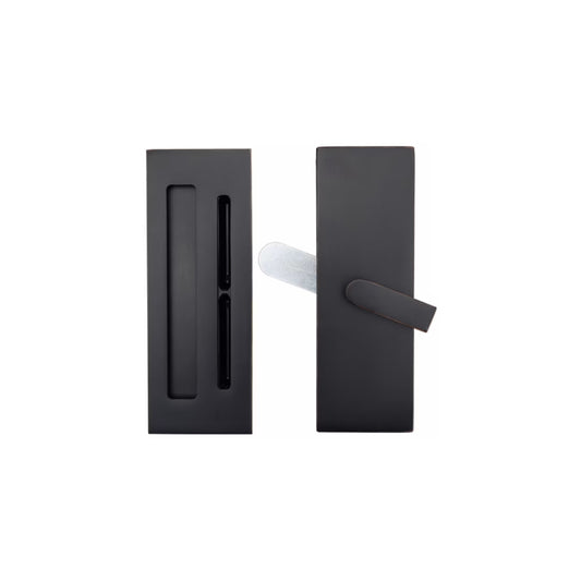 Modern Rectangular Barn Door Privacy Lock and Narrow Flush Pull with Integrated Strike