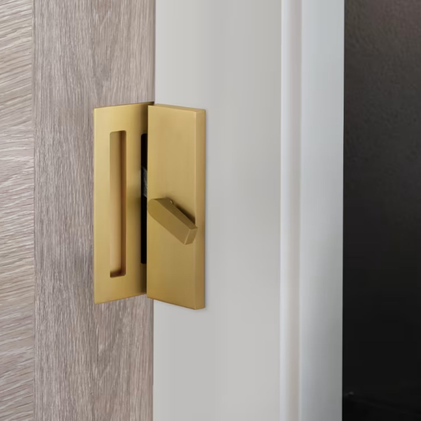 Modern Rectangular Barn Door Privacy Lock and Narrow Flush Pull with Integrated Strike