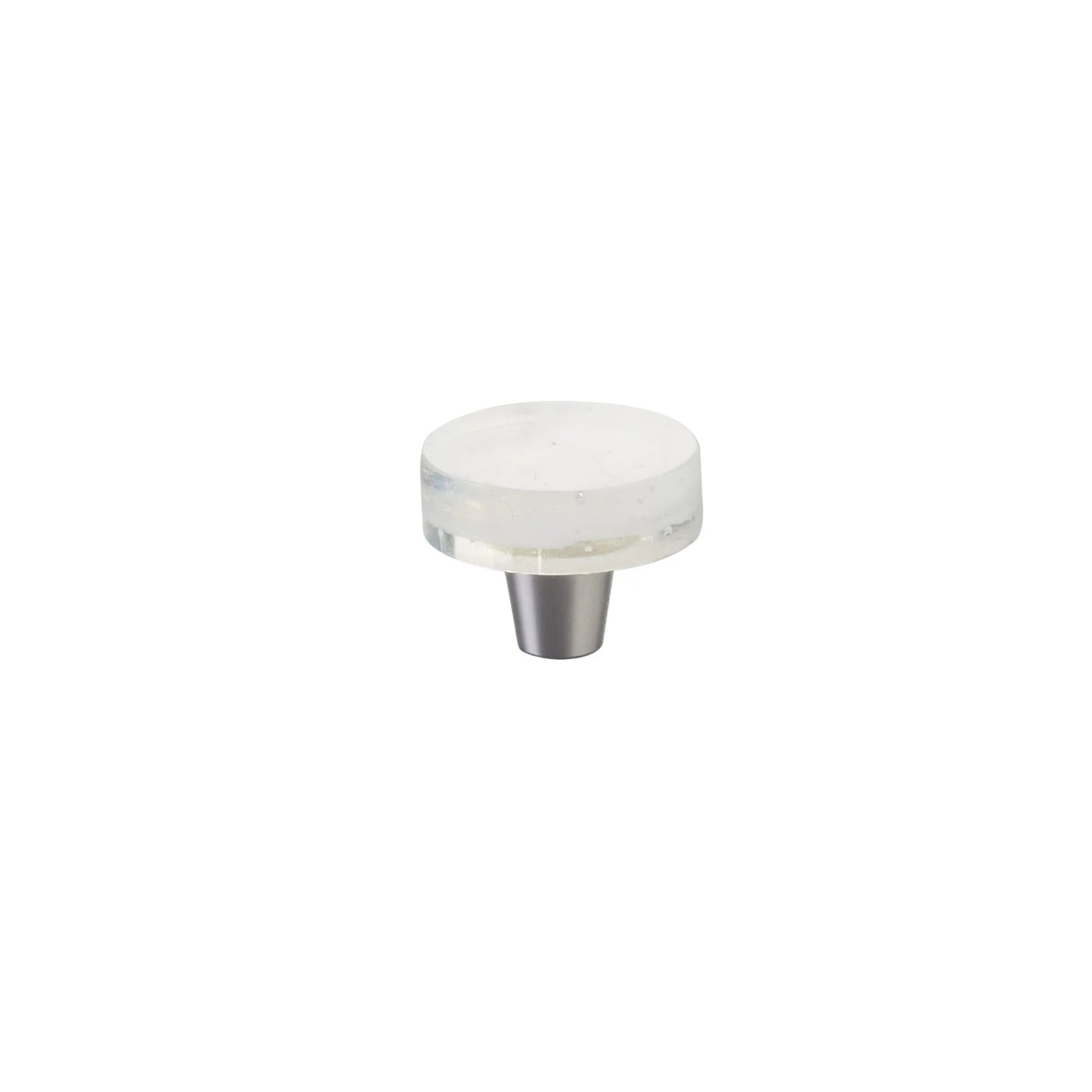Small Round Knob 1-1_2" Dia, Translucent White, Conical Stem, Brushed Stainless Steel
