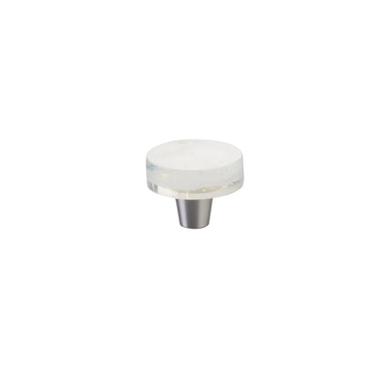 Small Round Knob 1-1_2" Dia, Translucent White, Conical Stem, Brushed Stainless Steel