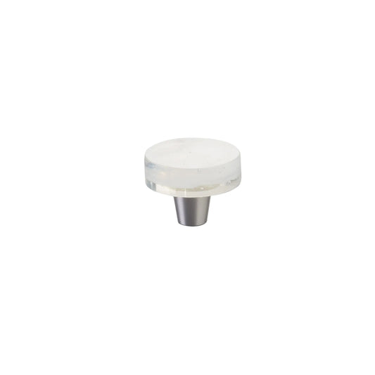 Small Round Knob 1-1_2" Dia, Translucent White, Conical Stem, Brushed Stainless Steel