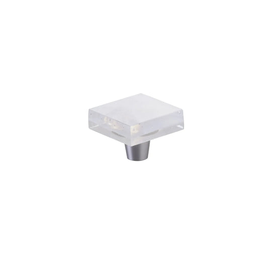 Small Square Knob 1-1_2" Dia, Translucent White, Conical Stem, Brushed Stainless Steel